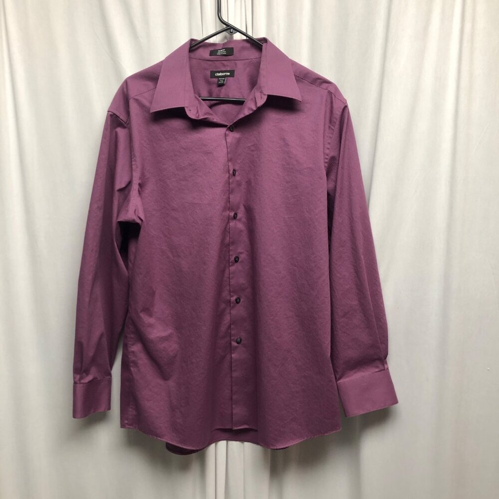 Claiborne Dress Shirt Mens Size 17 34-35 Slim Fit Purple Cotton Long Sleeve